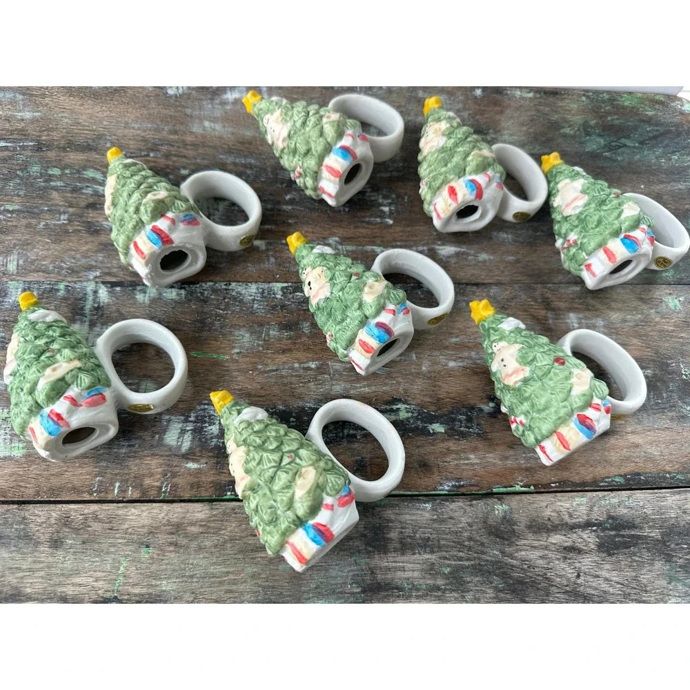 Vintage Set‎ of 8 Ceramic Christmas Tree Napkin Rings Holiday Table Decor